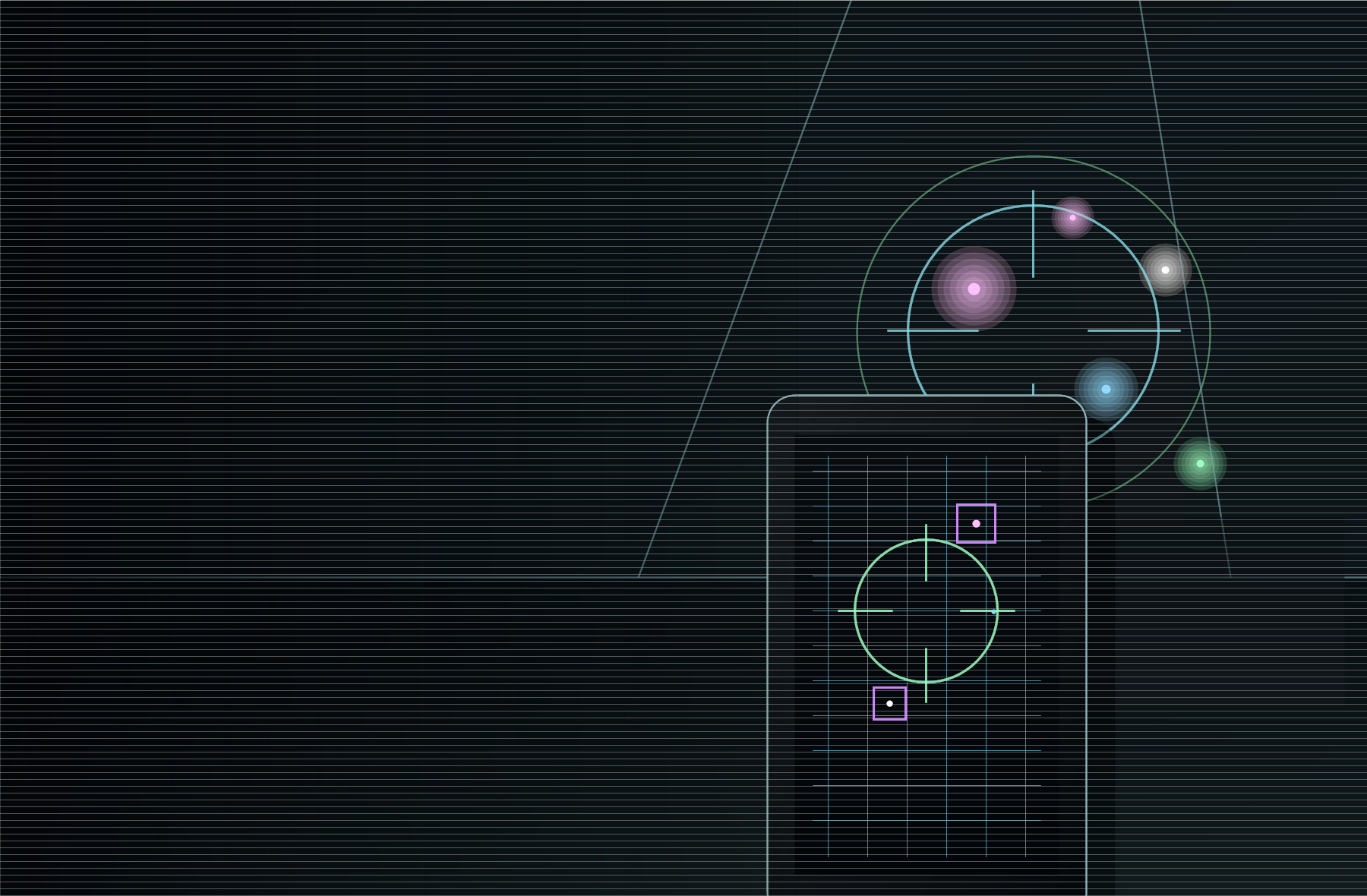 Dark room scan preview with a phone reticle and small light points